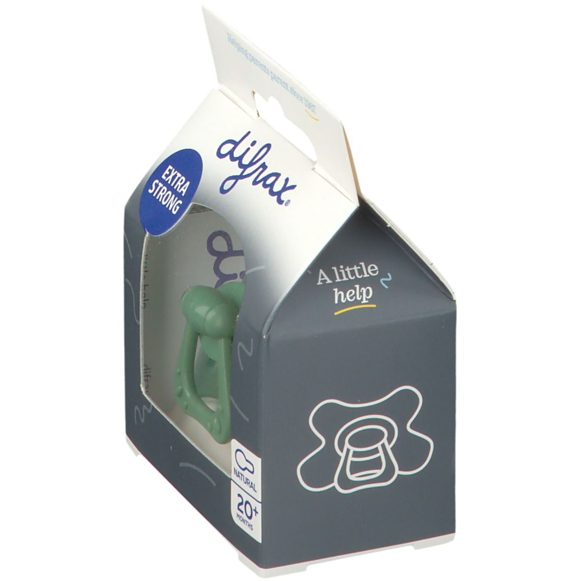 Emballage avec sucette verte. L'emballage indique difrax, EXTRA STRONG et NATURAL 20+ mois.