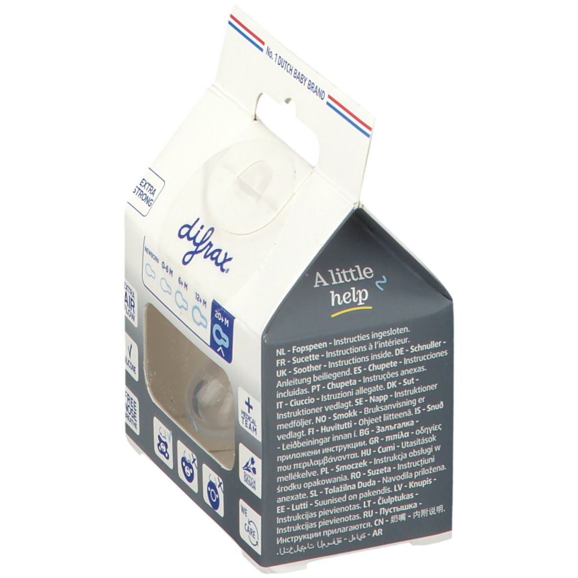 Emballage avec sucette. L'emballage indique difrax, et des informations en plusieurs langues.