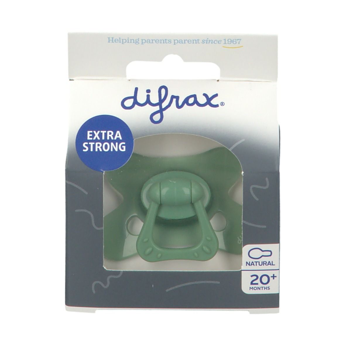 Emballage avec sucette verte. L'emballage indique difrax, EXTRA STRONG et NATURAL 20+ mois.