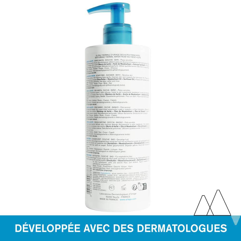 Flacon blanc avec pompe bleue. Logo URIAGE, Crème Lavante, Cleansing Cream. 1 litre.