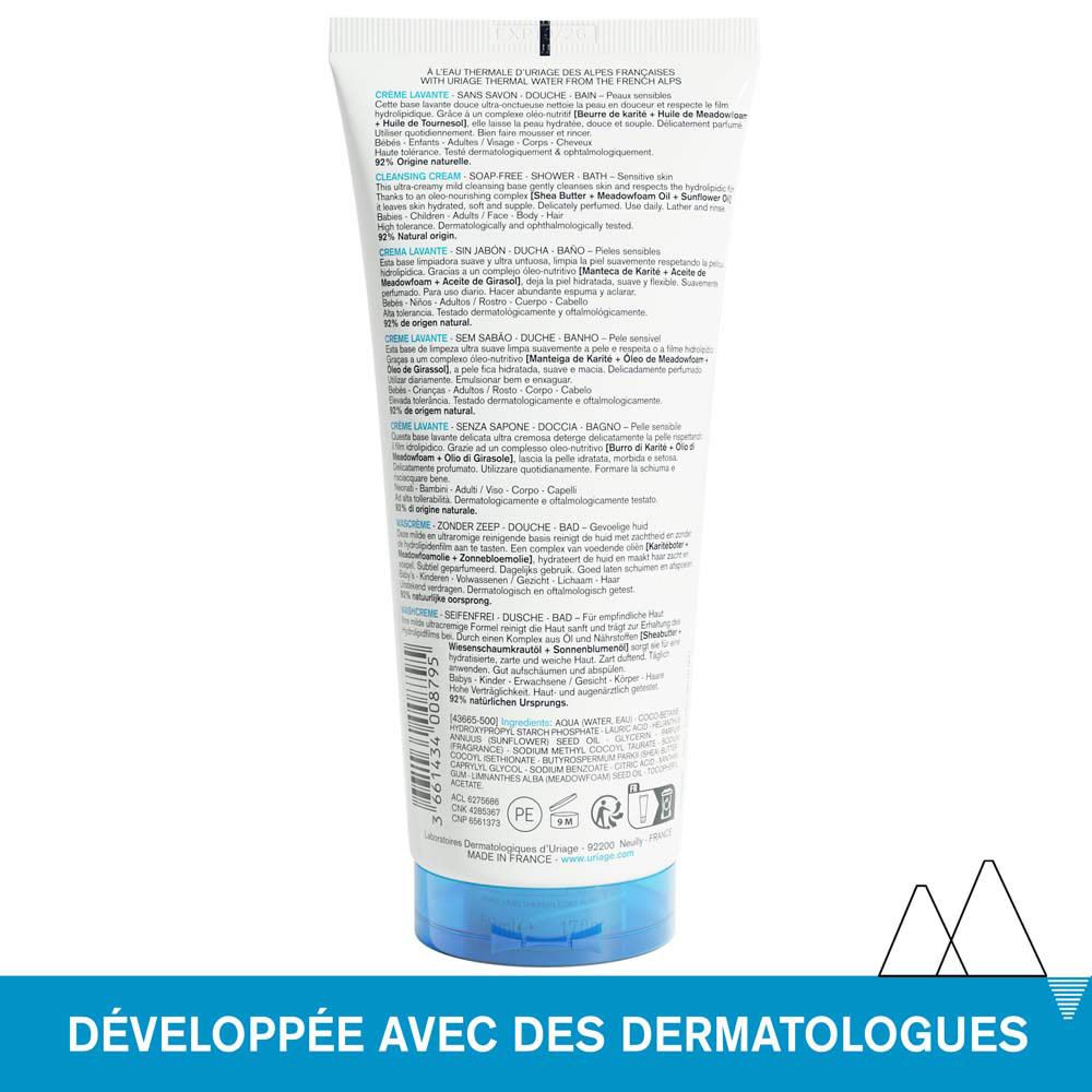 Dos du tube de Crème Lavante Uriage. Texte multilingue. Ingrédients, instructions d'utilisation.