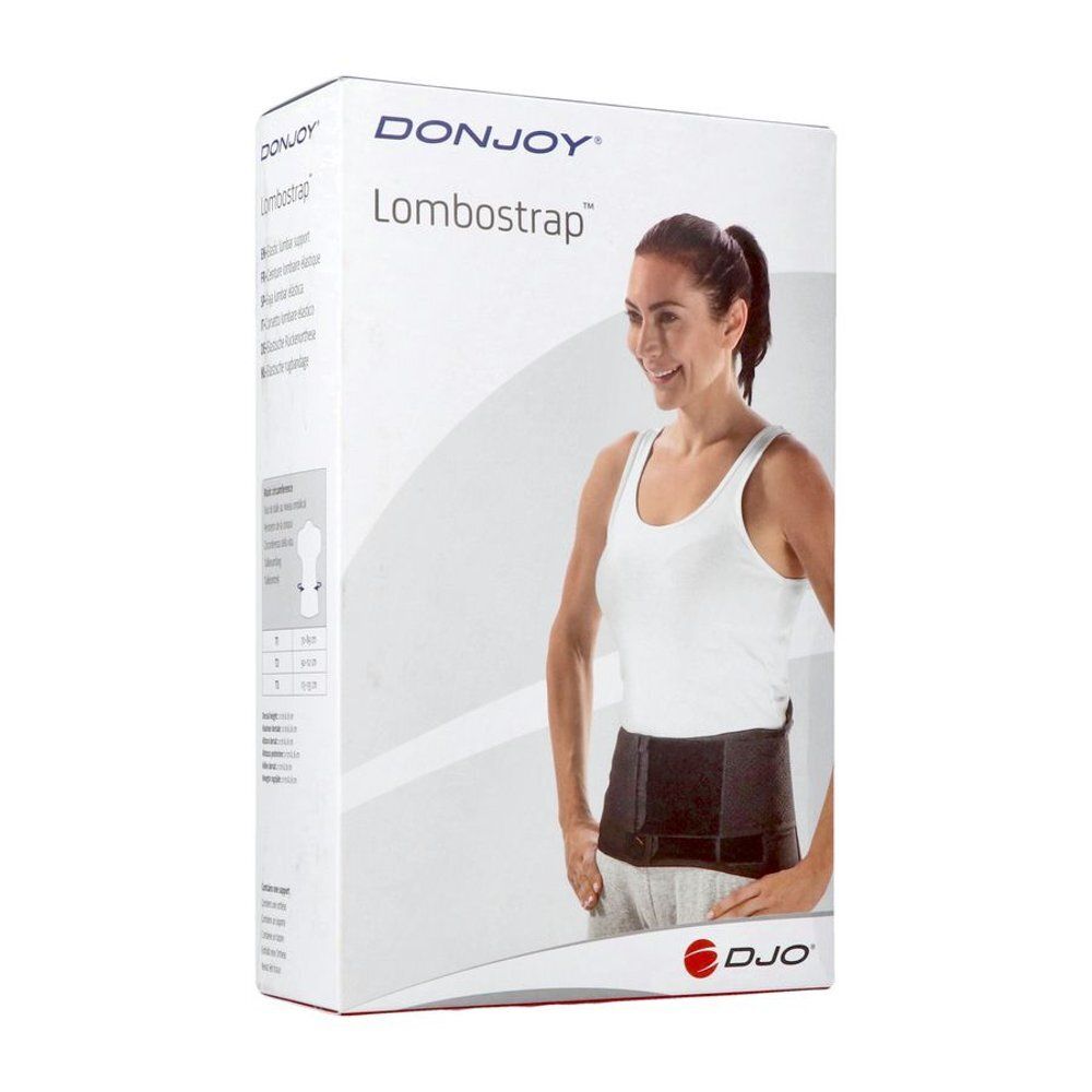 Boîte DonJoy Lombostrap. Femme portant la ceinture noire. Inscription : Lombostrap, DonJoy. Logo DJO.