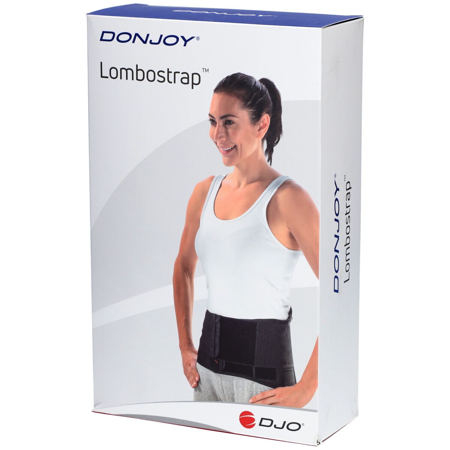 Boîte DonJoy Lombostrap. La femme porte la ceinture. Nom du produit et marque visibles.