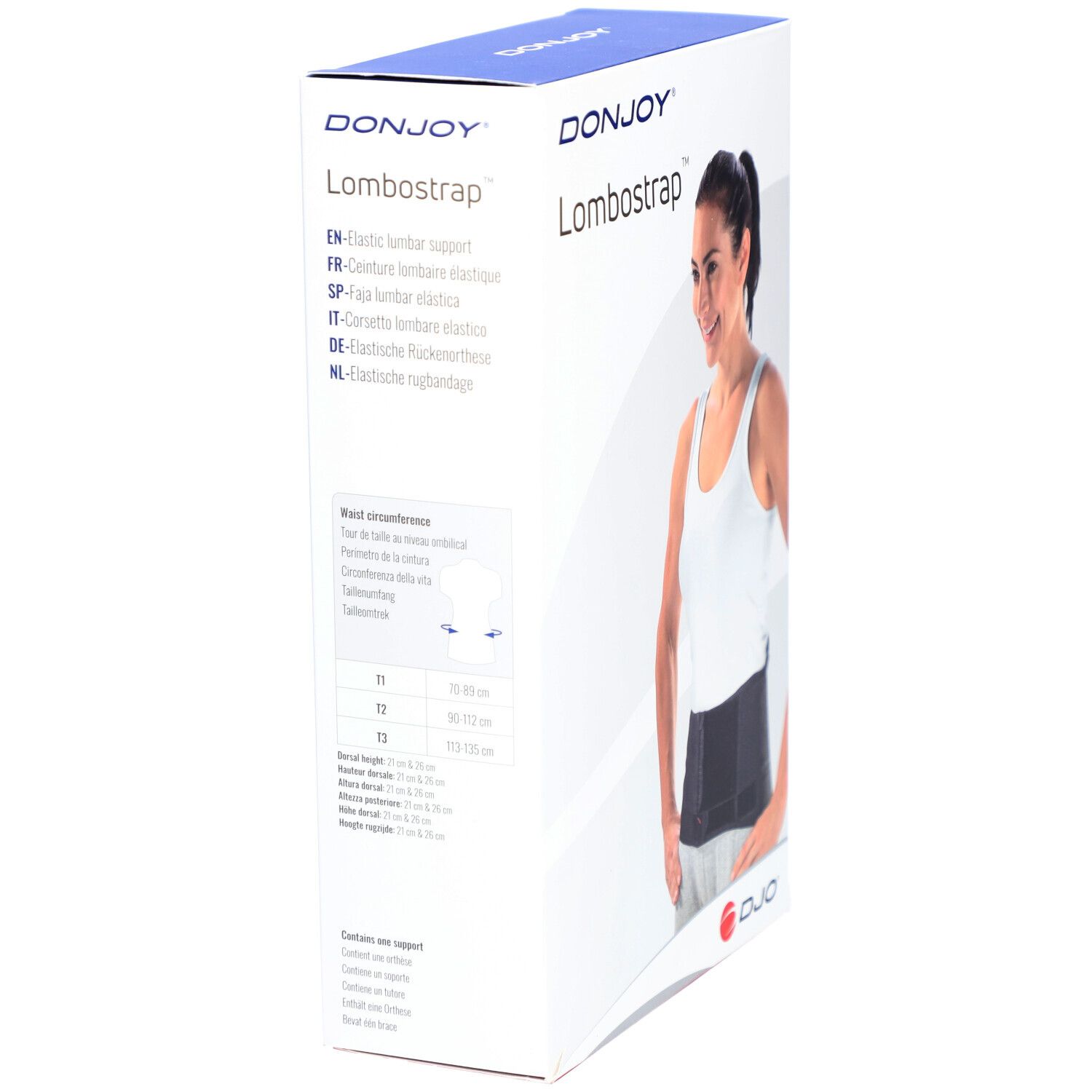 Boîte DonJoy Lombostrap. Nom et marque visibles. Informations produit multilingues.