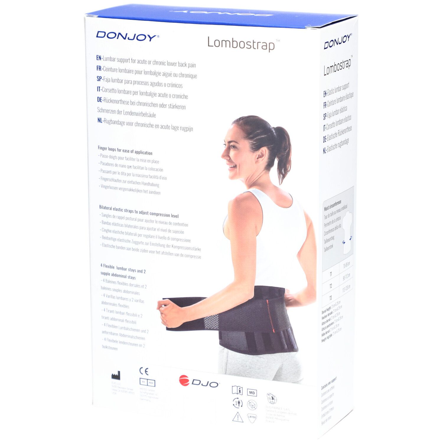 Boîte DonJoy Lombostrap. Nom et marque visibles. Informations produit et marquage CE.
