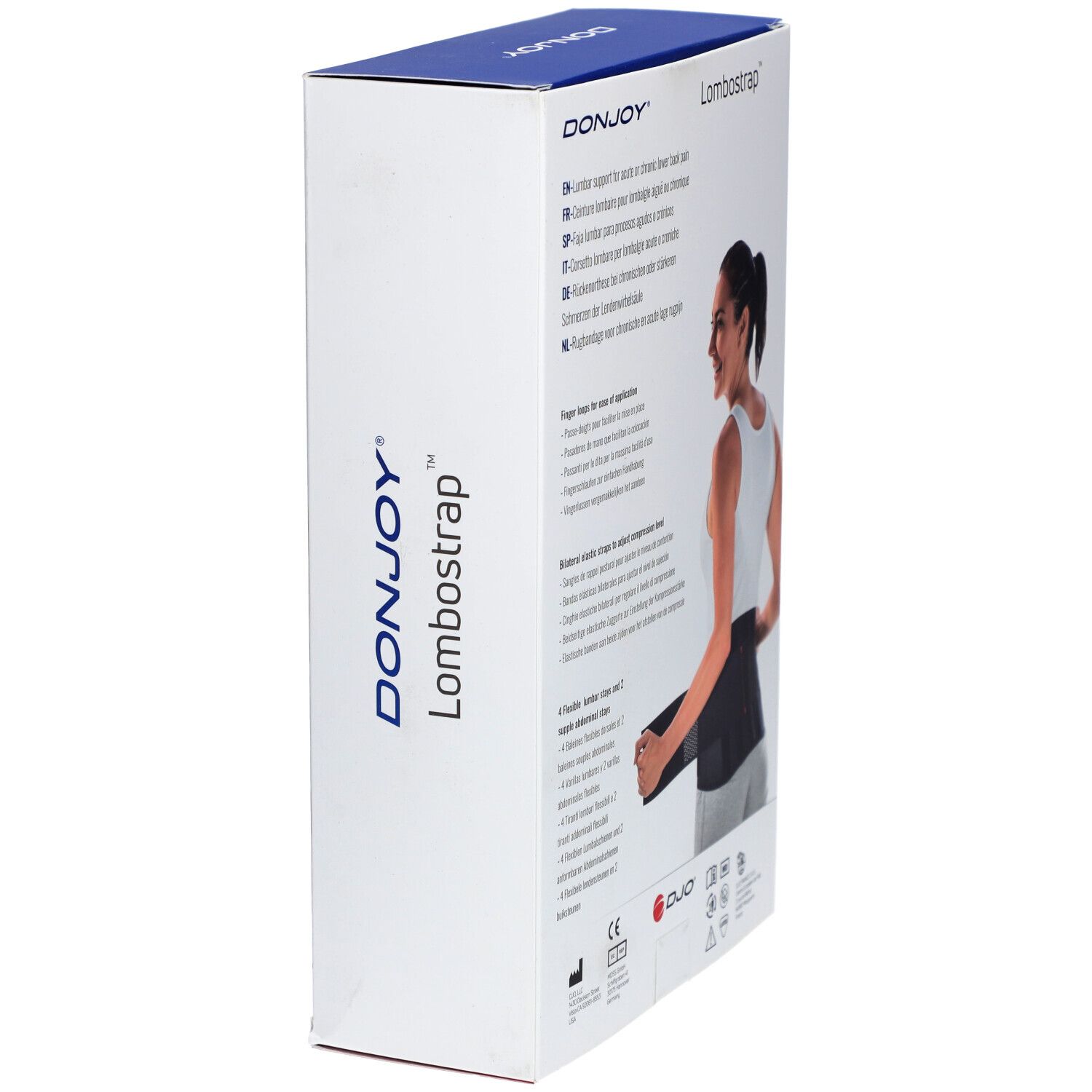 Boîte DonJoy Lombostrap. Nom et marque visibles. Femme portant la ceinture.