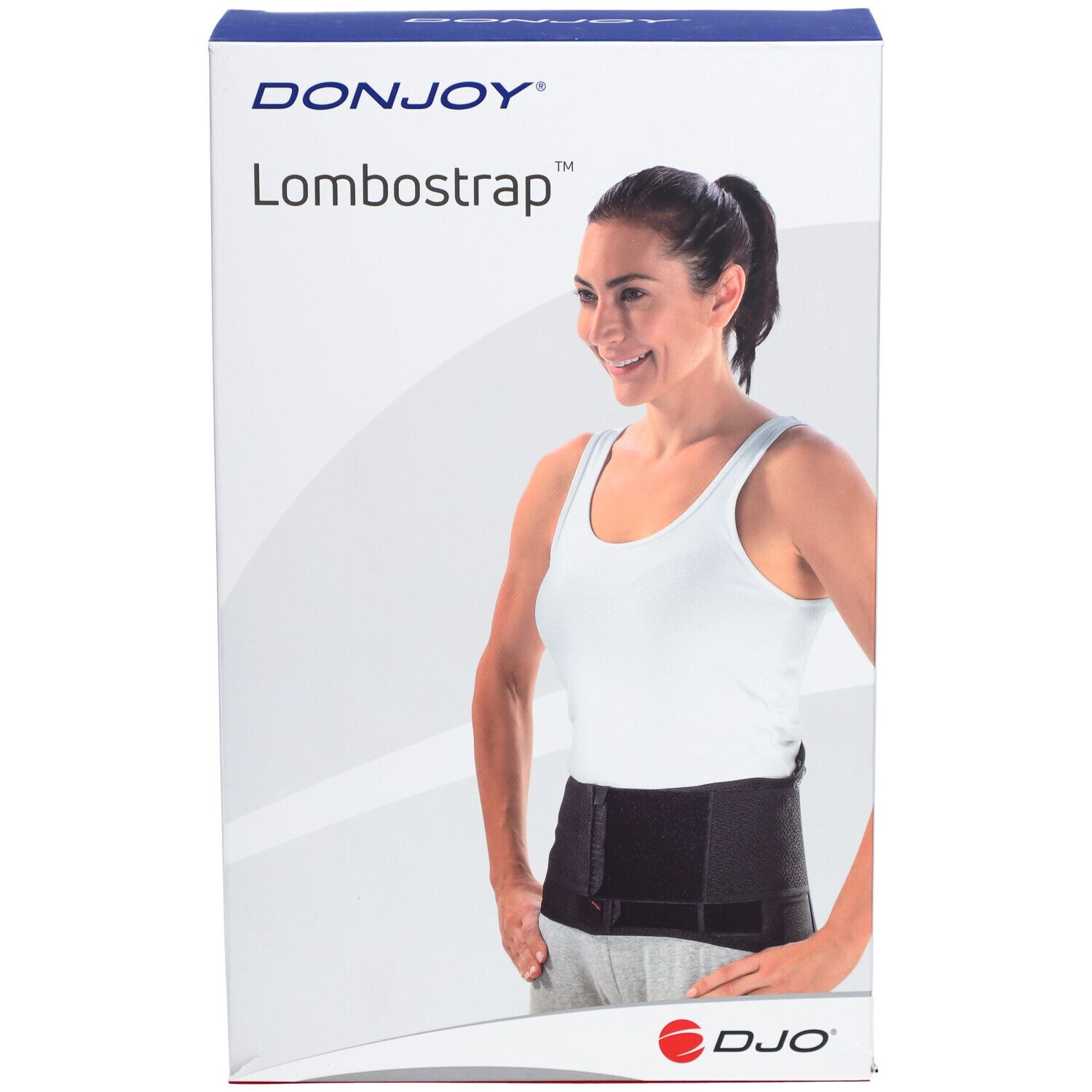 Boîte DonJoy Lombostrap. Femme portant la ceinture. Nom et marque visibles.