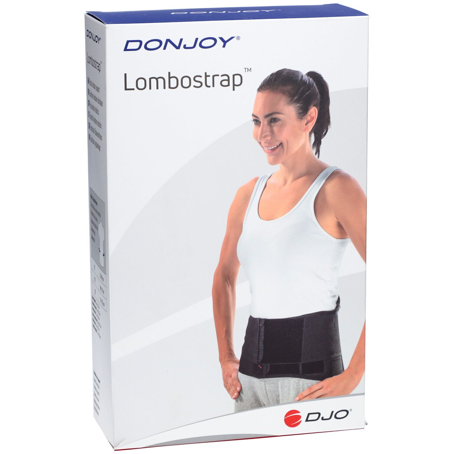 Boîte DonJoy Lombostrap. Femme portant la ceinture. Nom et marque visibles.