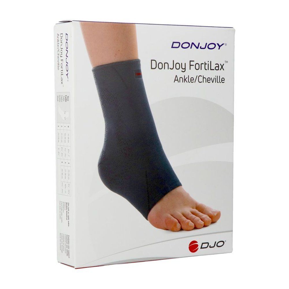 Emballage de la chevillère DonJoy FortiLax avec illustration du produit et logo DJO.