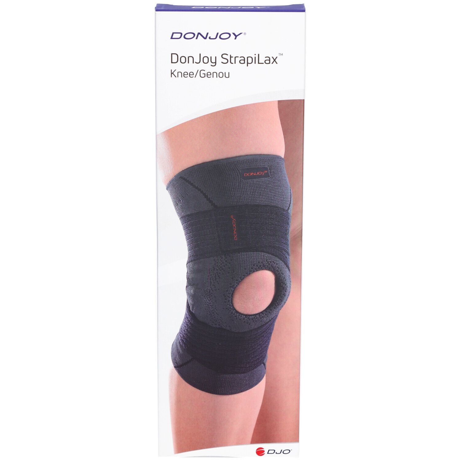 Genouillère grise avec ouverture rotulienne. La boîte affiche DonJoy StrapiLax Knee/Genou.