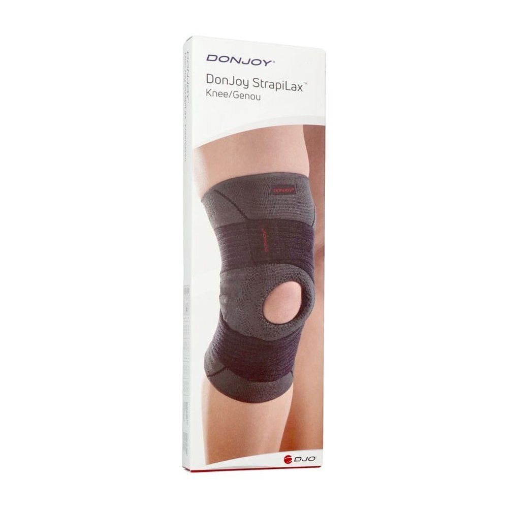 Emballage de la genouillère DonJoy® StrapiLax™ Genou. Produit présenté sur une jambe.