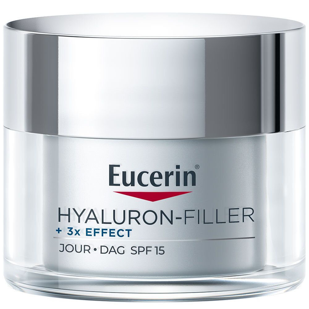 Pot de crème avec couvercle argenté. Inscription: Eucerin HYALURON-FILLER + 3x EFFECT. Jour/Dag SPF 15.