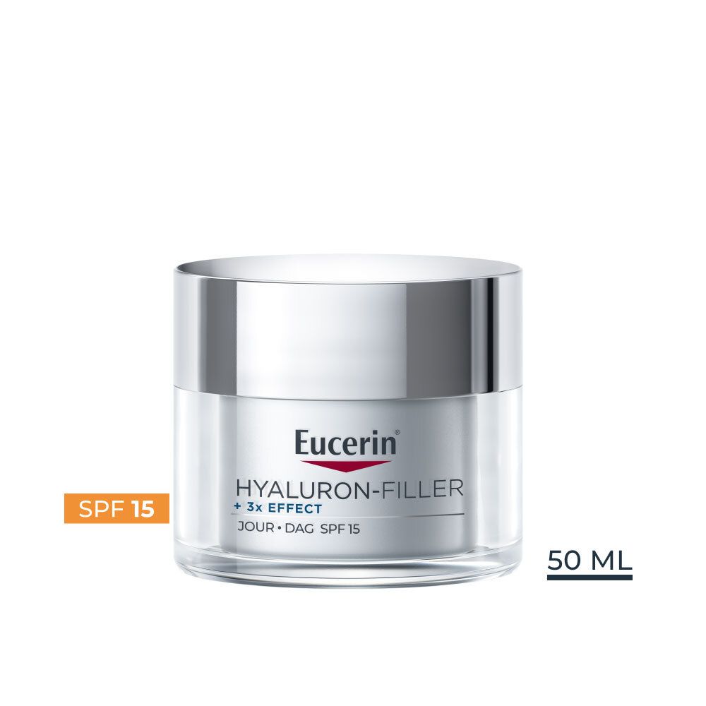Pot de crème avec couvercle argenté. Inscription: Eucerin HYALURON-FILLER + 3x EFFECT. Jour/Dag SPF 15. 50 ML.