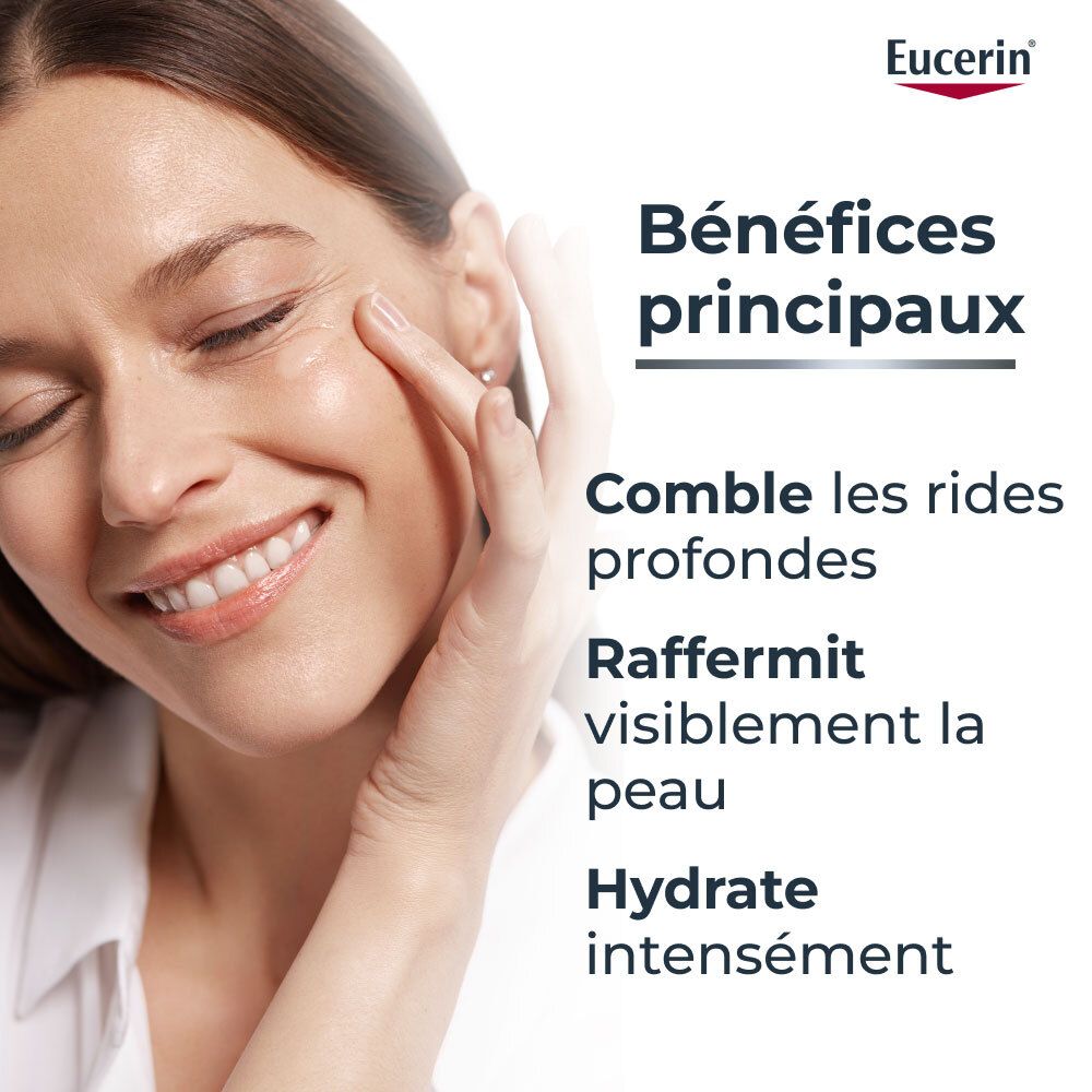Femme touchant son visage. Texte: Bénéfices principaux. Comble les rides profondes. Raffermit visiblement la peau. Hydrate intensément.