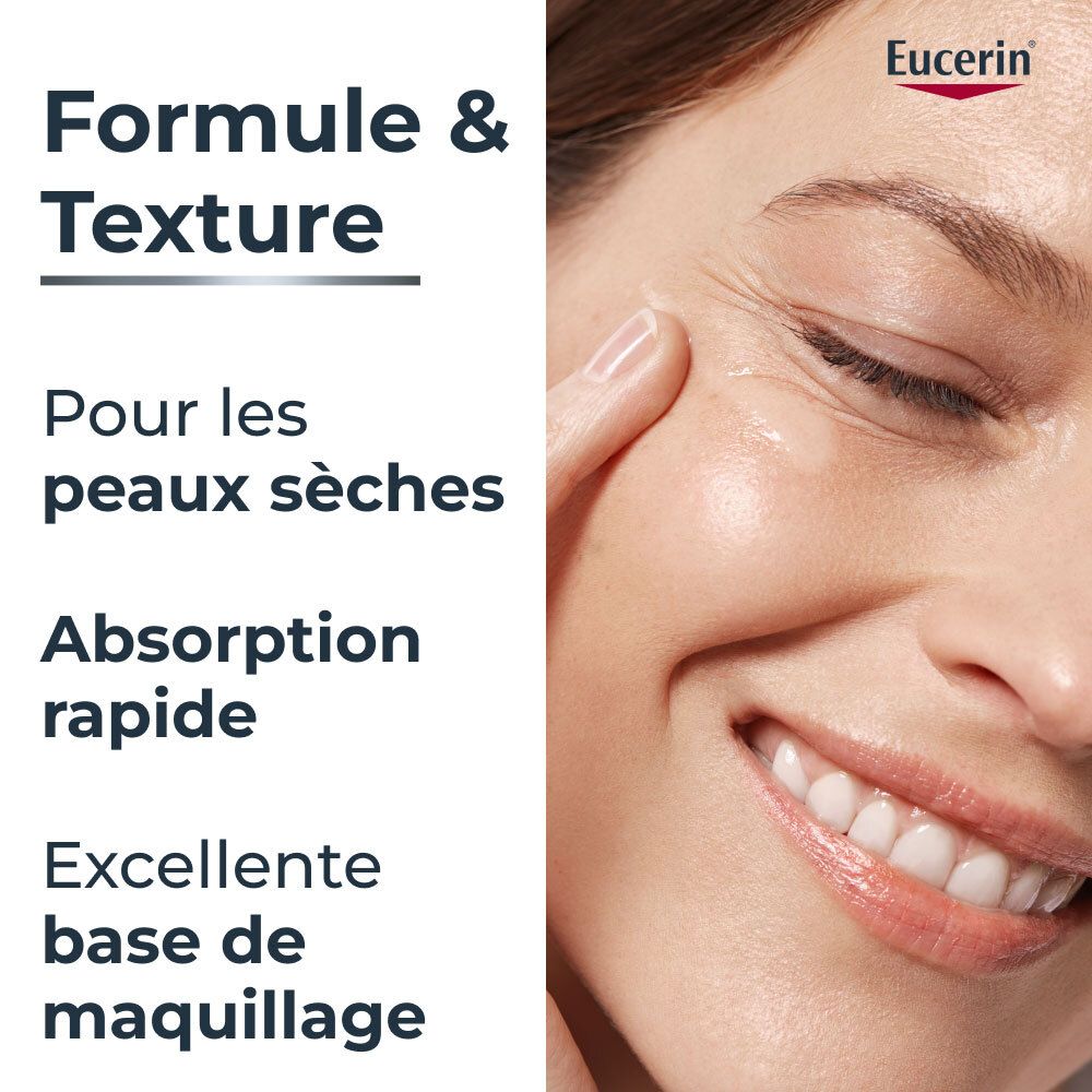 Femme touchant son visage. Texte: Pour les peaux sèches, Absorption rapide, Excellente base de maquillage. Logo Eucerin.