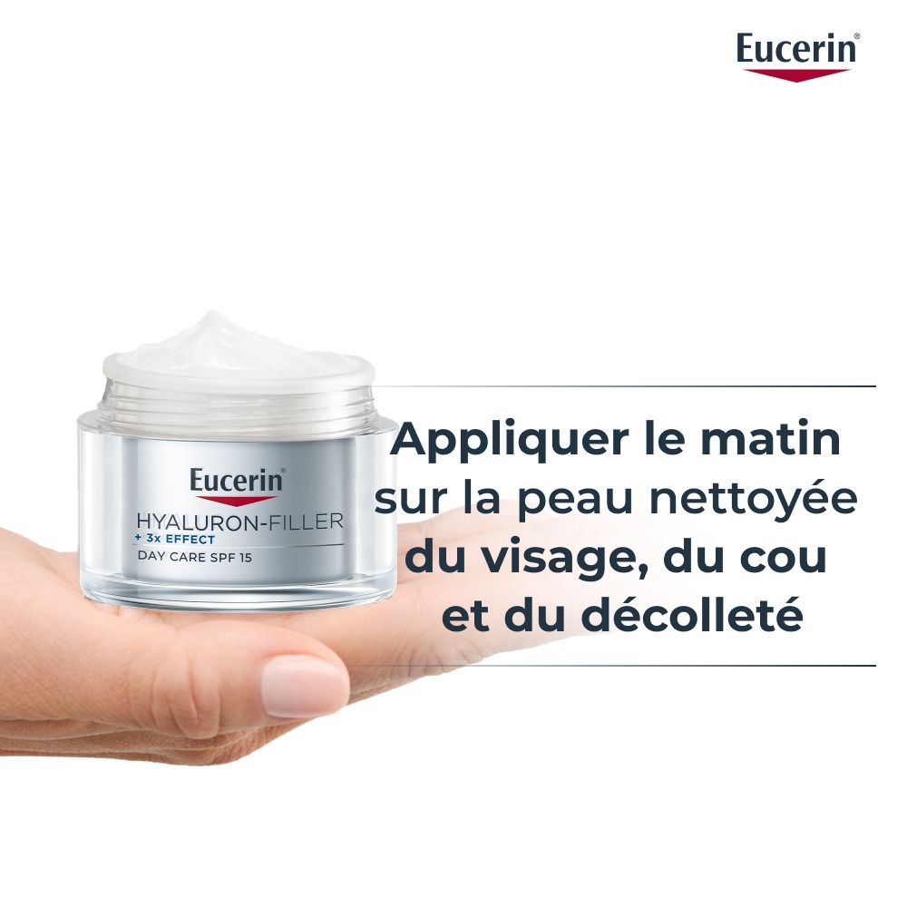 Eucerin Hyaluron-Filler Soin de Jour dans la main, prêt à appliquer.