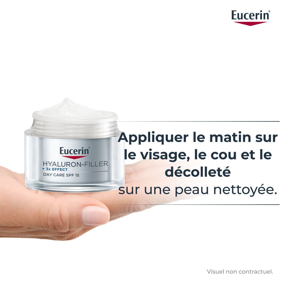 Pot de crème dans la main. Texte: Appliquer le matin sur le visage, le cou et le décolleté. Logo Eucerin.