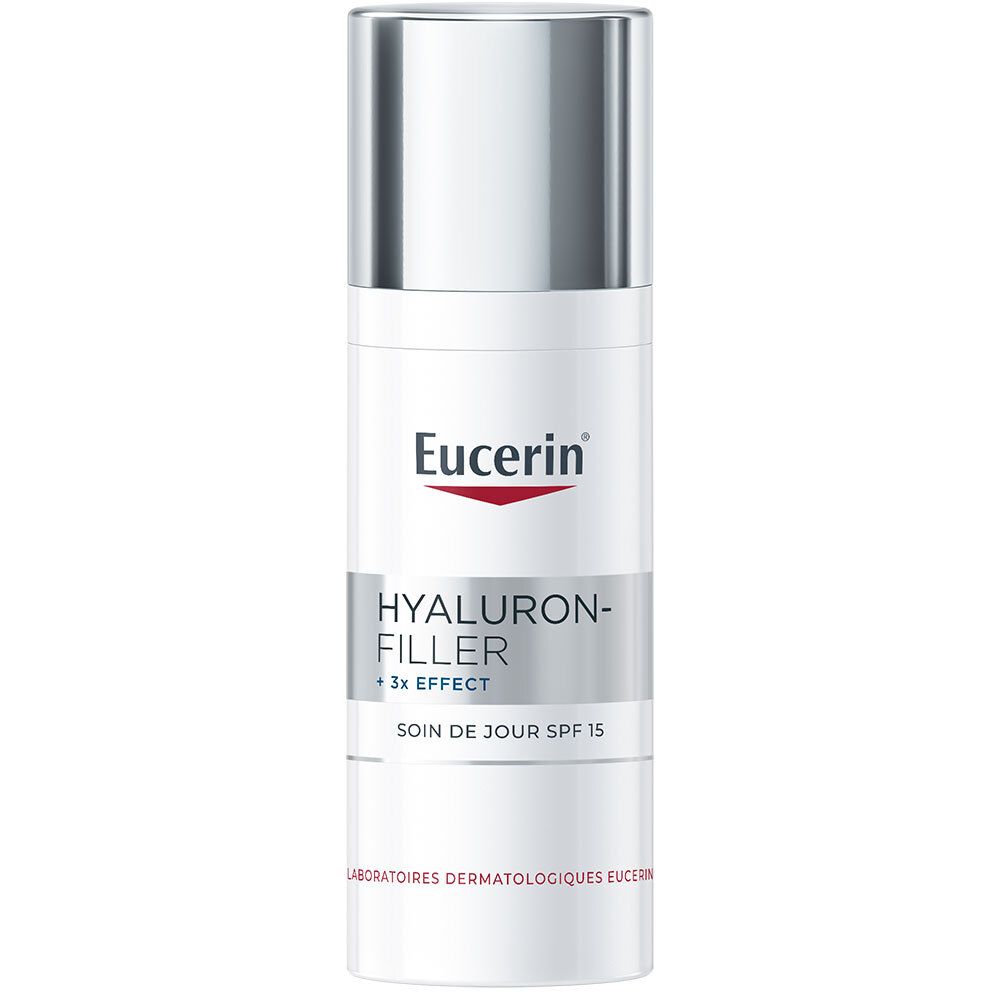 Flacon Eucerin HYALURON-FILLER + 3x EFFECT. Capuchon argenté. Texte et logo Eucerin.