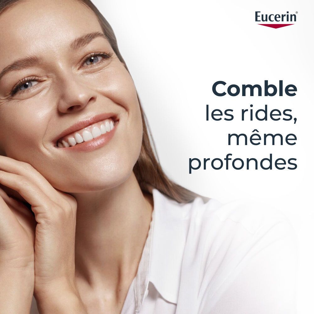 Femme touche son visage. Texte: Comble les rides, même profondes. Logo Eucerin.