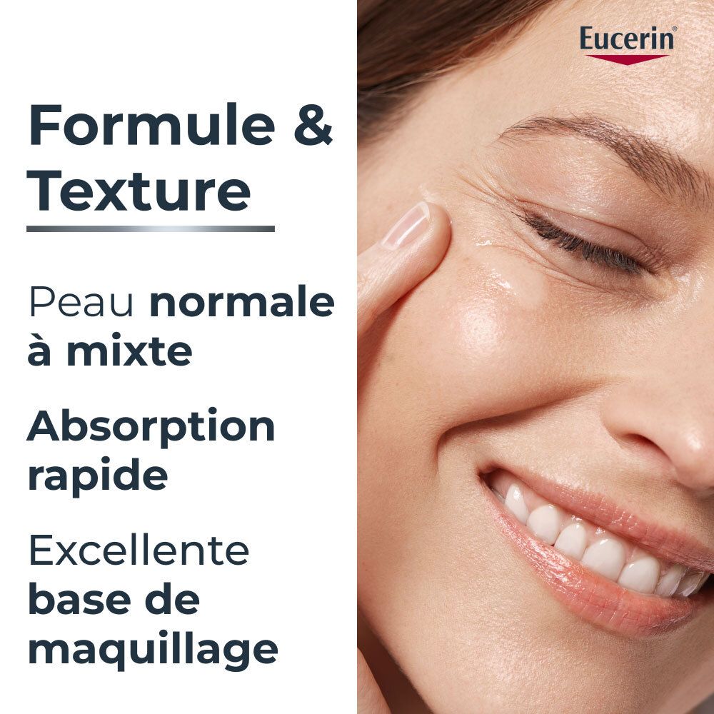 Femme touche son visage. Texte: Formule & Texture. Logo Eucerin. Texte: Peau normale à mixte.