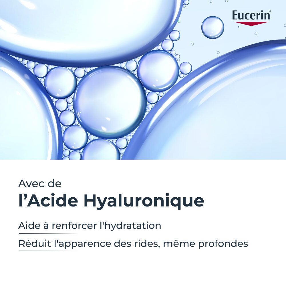 Bulles dans l'eau. Texte: Avec de l'Acide Hyaluronique. Logo Eucerin. Texte: Aide à renforcer l'hydratation.