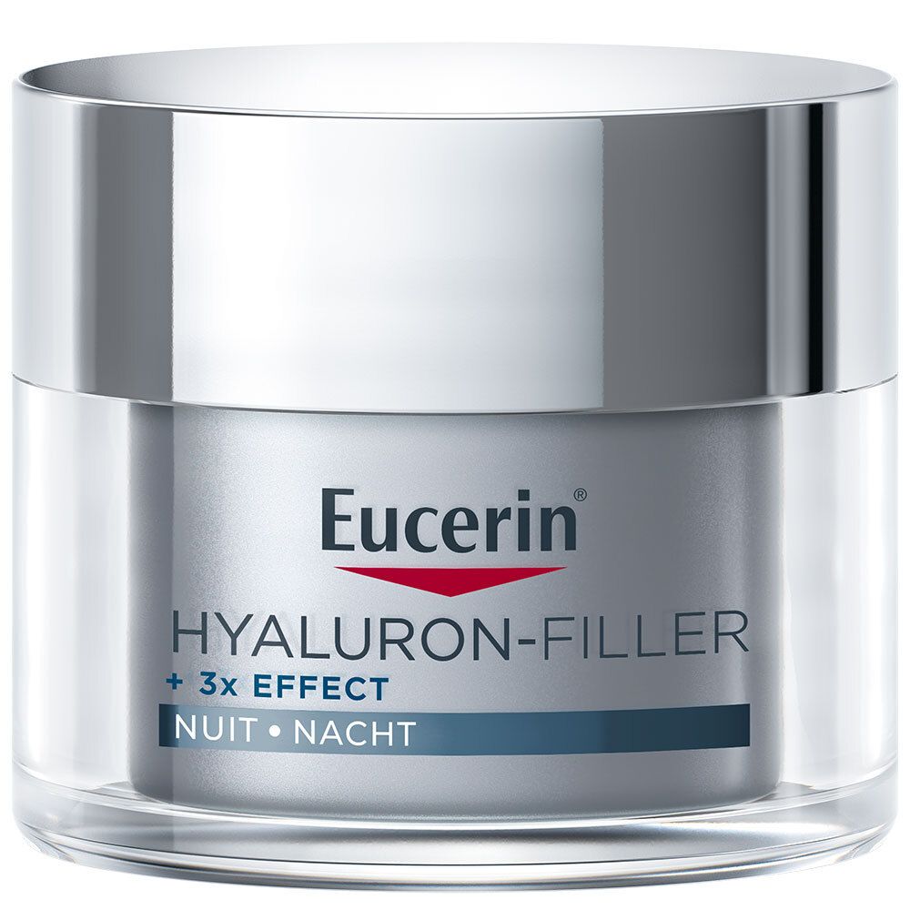 Pot de crème Eucerin Hyaluron-Filler + 3x Effect Soin de Nuit. Couvercle argenté. Texte visible.
