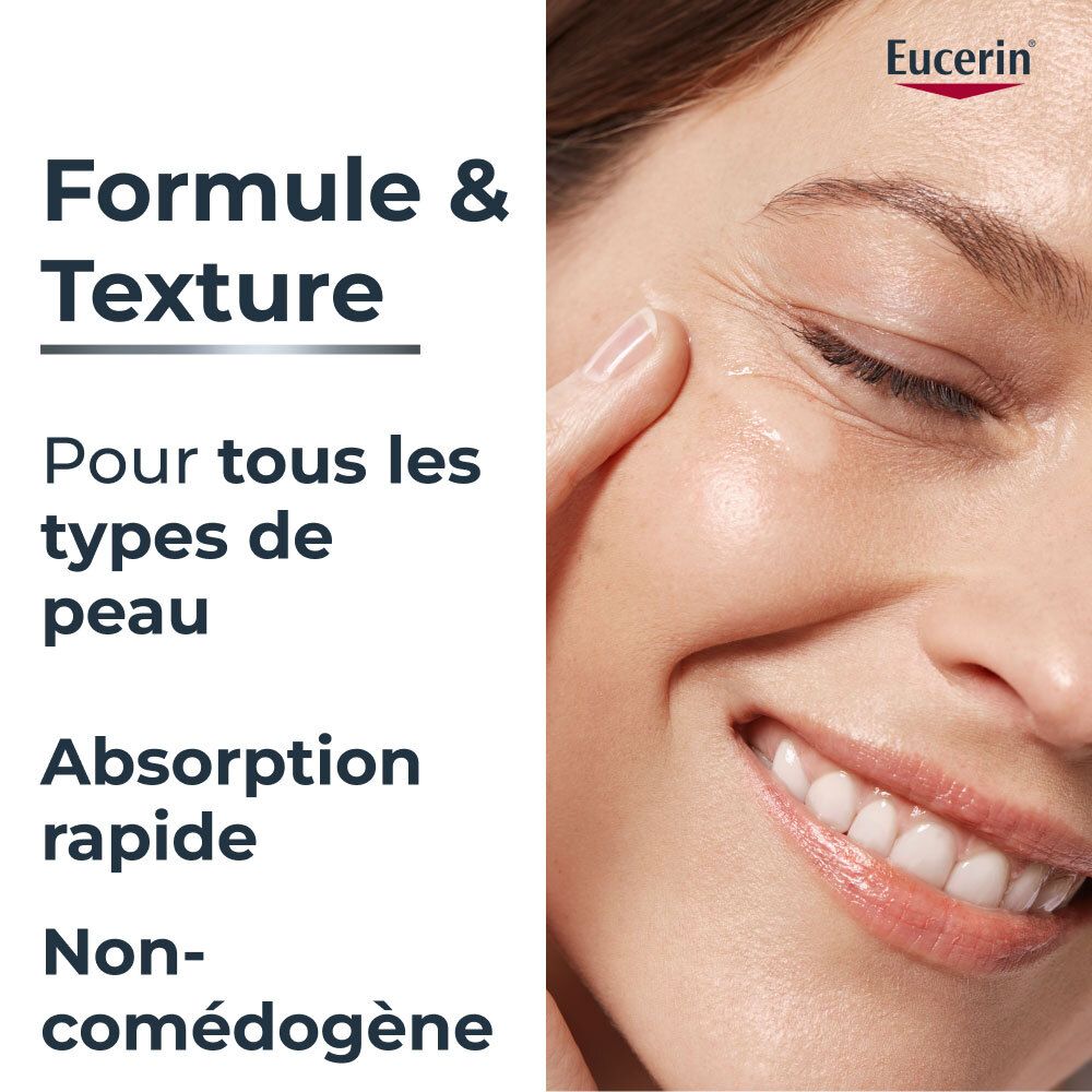 Visage d'une femme. Texte: Formule & Texture, Pour tous les types de peau, Absorption rapide, Non-comédogène. Logo Eucerin.
