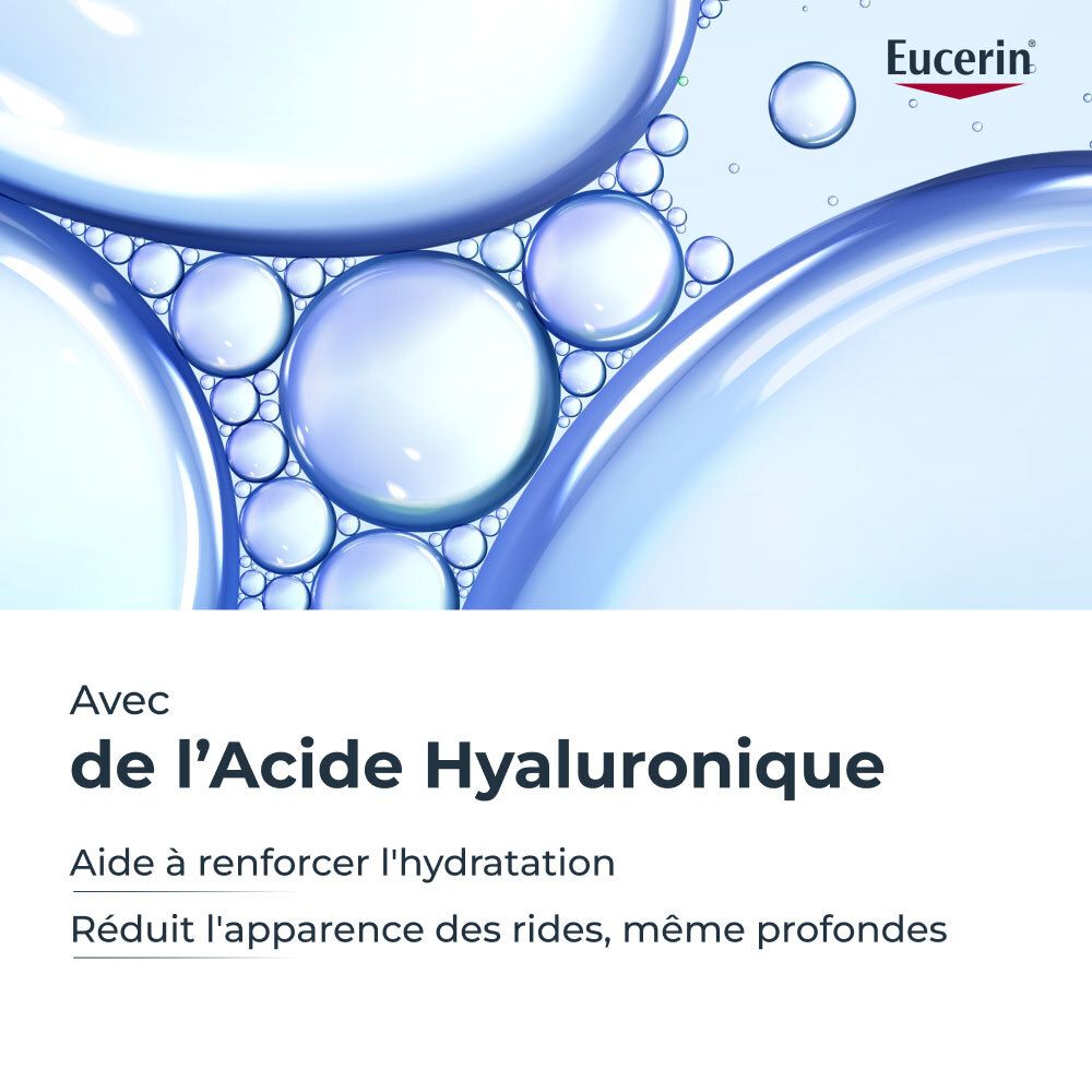 Illustration de bulles d'eau. Texte: de l'Acide Hyaluronique, Aide à renforcer l'hydratation, Réduit l'apparence des rides.