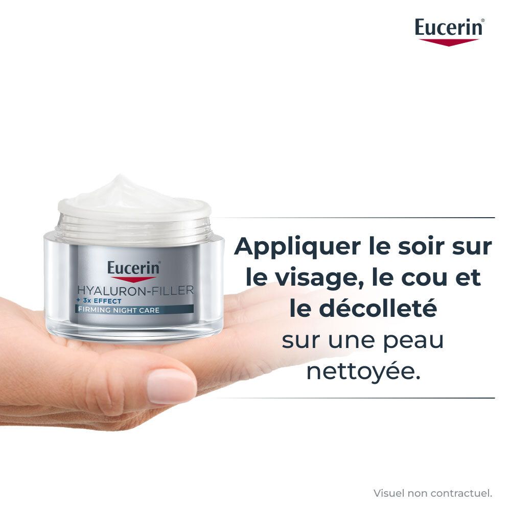 Main tenant un pot de crème. Texte : Appliquer le soir sur le visage, le cou et le décolleté. Eucerin.