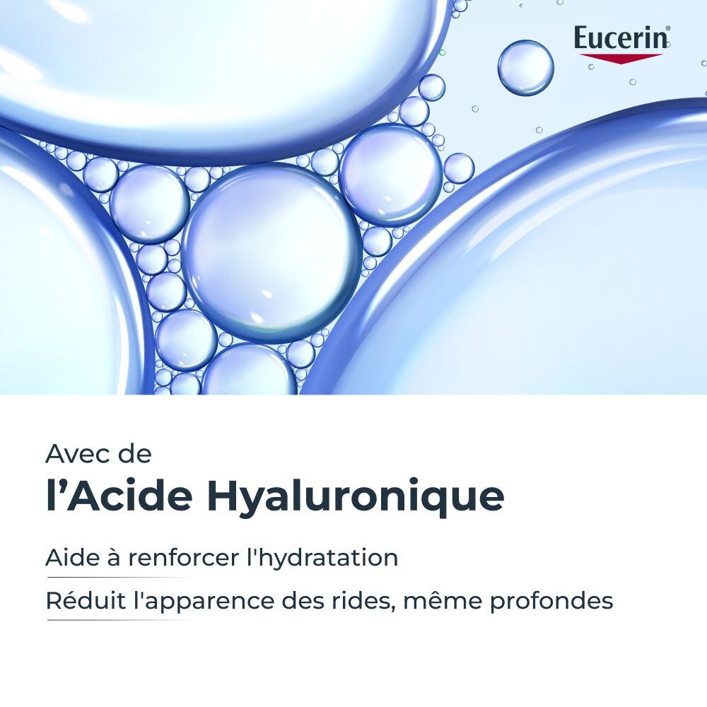 Bulles et texte. Logo Eucerin. Texte: Avec de l'Acide Hyaluronique. Aide à renforcer l'hydratation. Réduit les rides.