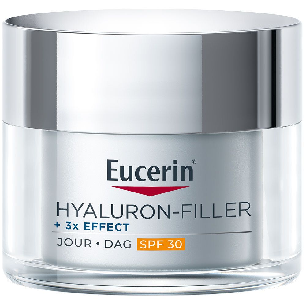 Pot de crème Eucerin HYALURON-FILLER + 3x EFFECT. Soin de jour SPF 30. Couvercle argenté.