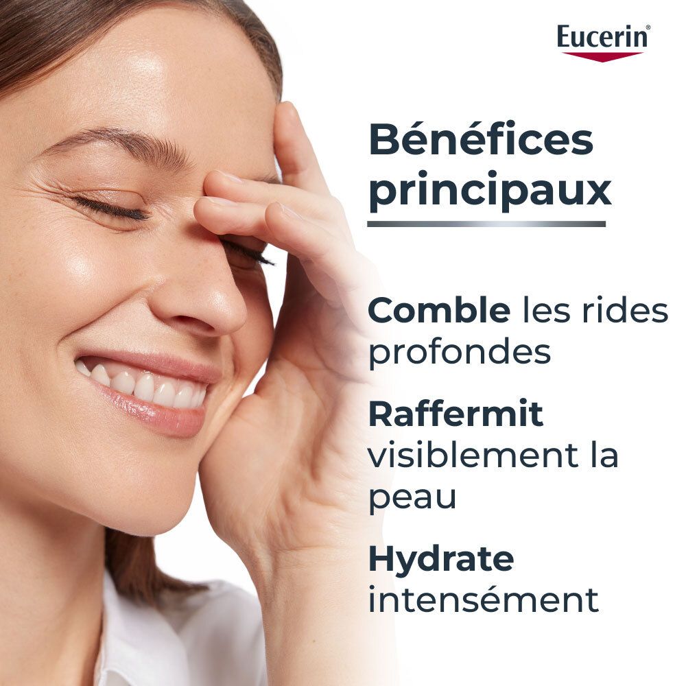Femme touchant son visage. Texte: Principaux bénéfices: comble les rides, raffermit la peau, hydrate intensément.