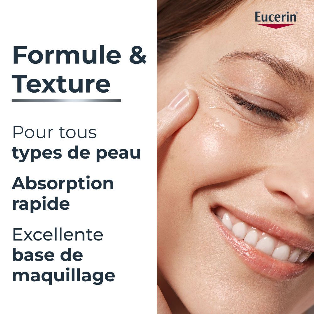 Femme touchant son visage. Texte: Formule & Texture: Pour tous types de peau, absorption rapide, base de maquillage.