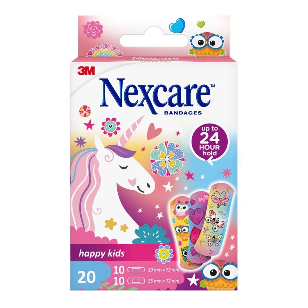 Boîte de 20 pansements Nexcare happy kids, motif licorne. 10 pansements 19x72mm, 10 pansements 25x72mm.
