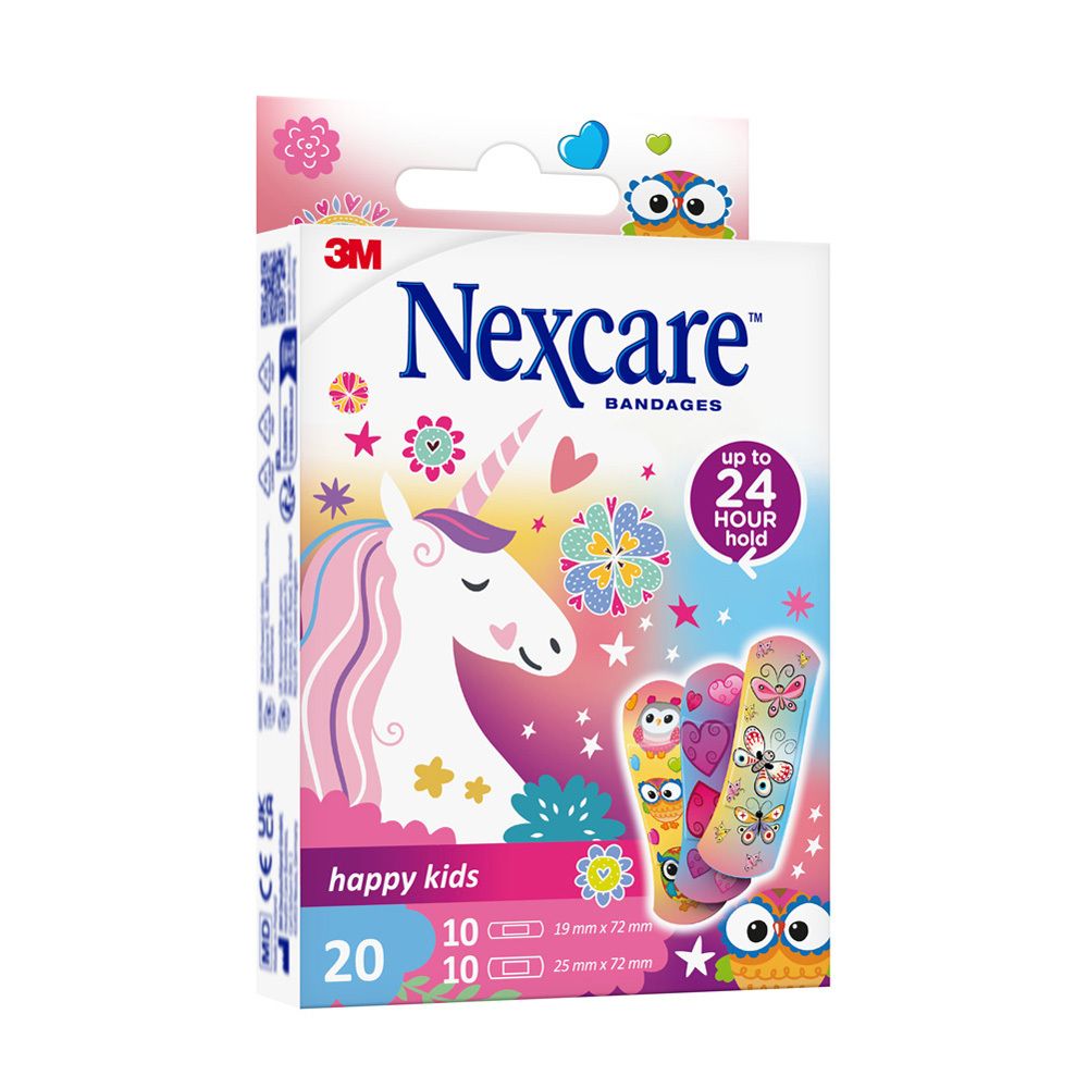 Boîte de 20 pansements Nexcare happy kids, motif licorne. 10 pansements 19x72mm, 10 pansements 25x72mm.