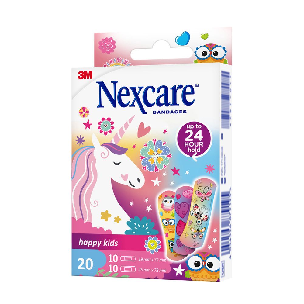 Boîte de 20 pansements Nexcare happy kids, motif licorne. 10 pansements 19x72mm, 10 pansements 25x72mm.