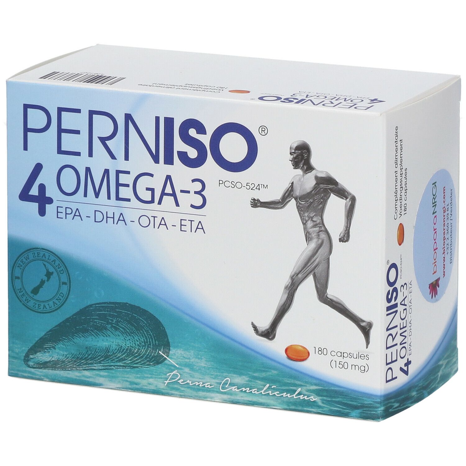 Boîte Perniso 4 Omega-3 avec 180 capsules. Illustration d'un homme courant et d'une moule. Contient EPA, DHA, OTA, ETA.