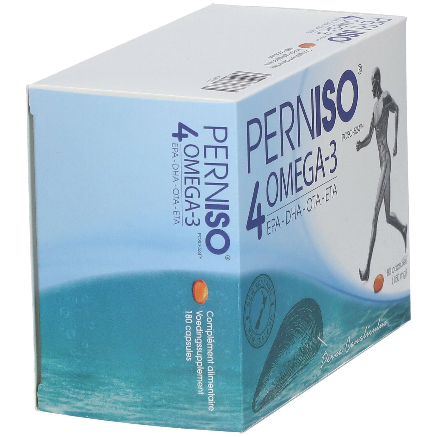 Boîte Perniso 4 Omega-3, 180 capsules. Vue latérale. Illustration d'un homme courant et d'une moule. Contient EPA, DHA, OTA, ETA.
