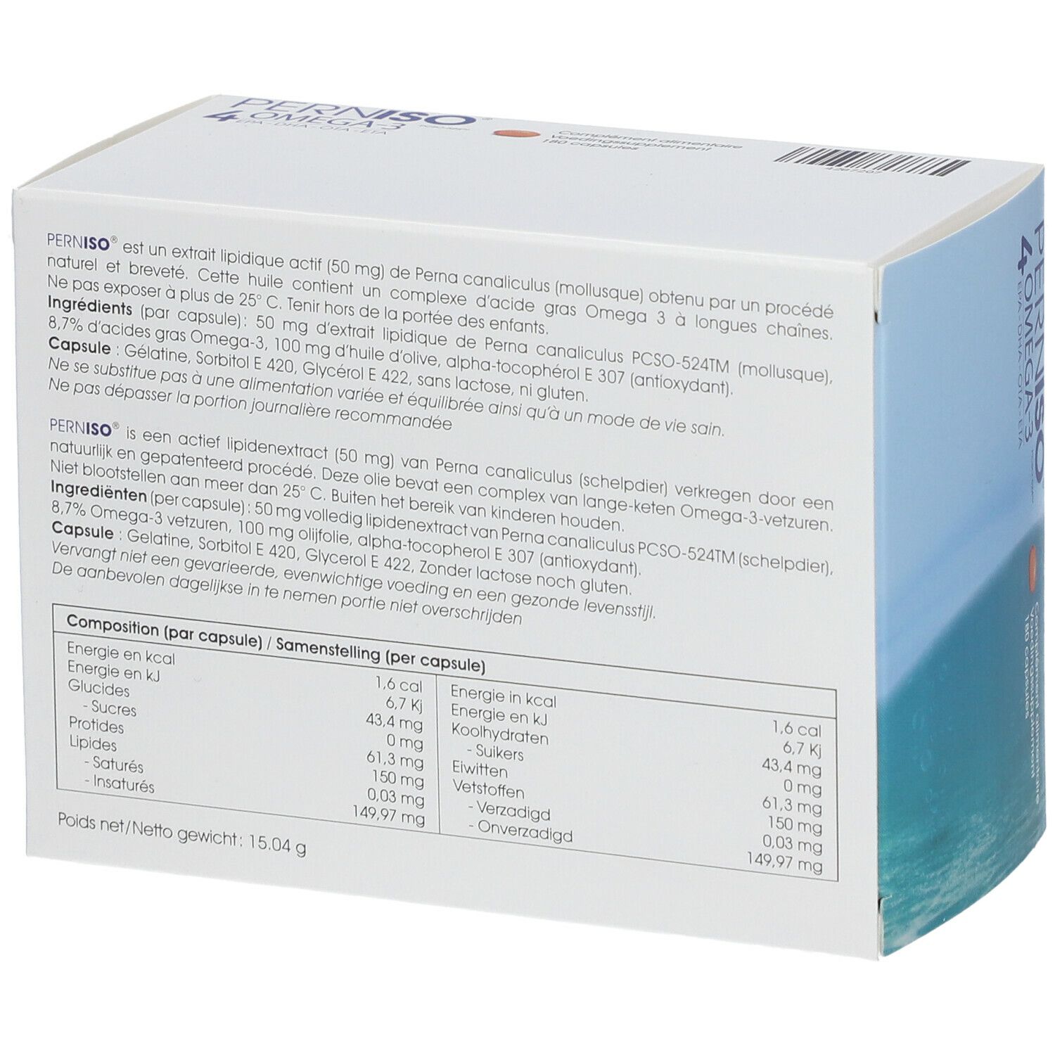 Dos de la boîte Perniso 4 Omega-3. Informations textuelles sur les ingrédients et la valeur nutritionnelle. Contient 180 capsules.