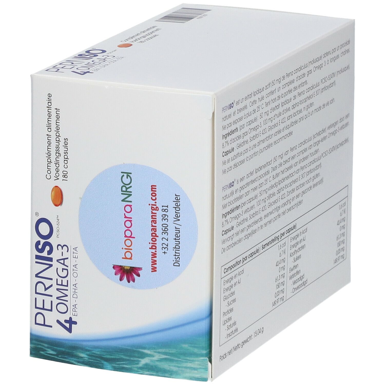 Boîte Perniso 4 Omega-3, 180 capsules. Dos avec coordonnées et informations nutritionnelles. Contient EPA, DHA, OTA, ETA.