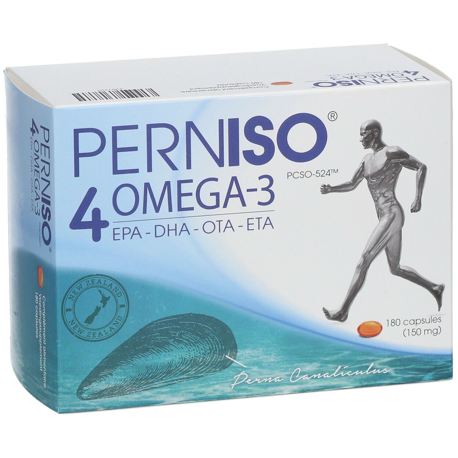 Boîte Perniso 4 Omega-3 avec 180 capsules. Illustration d'un homme courant et d'une moule. Contient EPA, DHA, OTA, ETA.