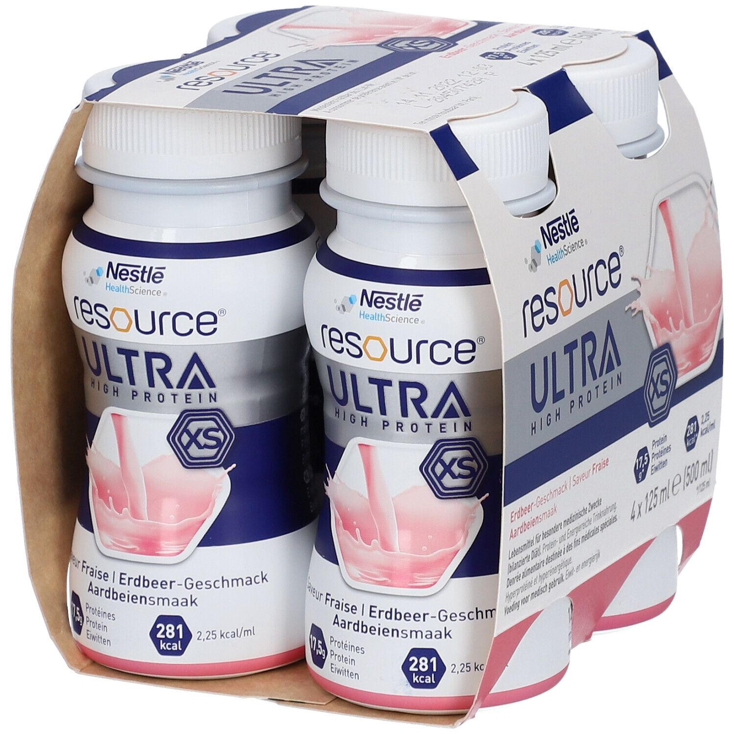 Emballage de deux bouteilles Resource Ultra. Saveur fraise. 4 x 125 ml. Riche en protéines. Nestle Health Science.