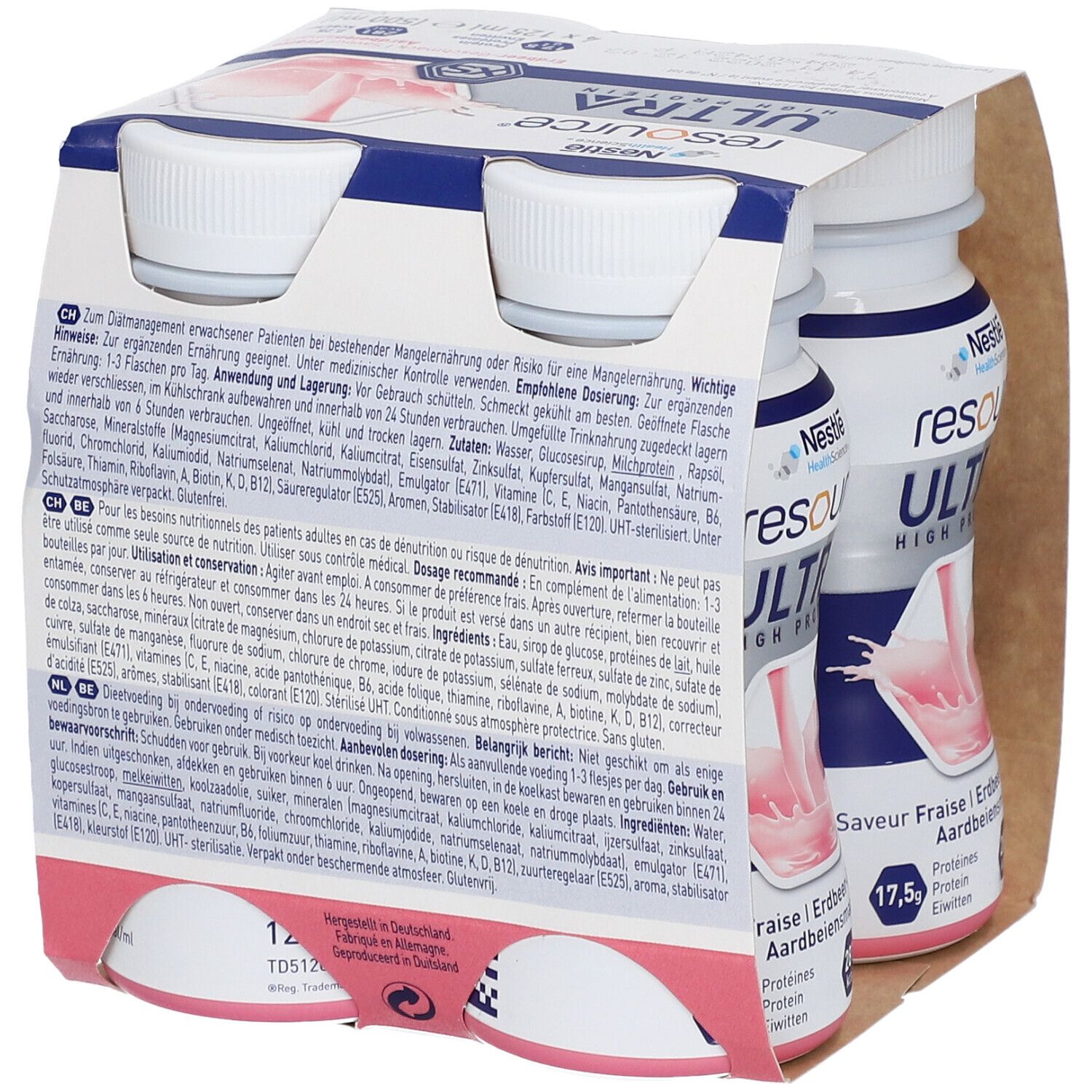 Emballage de quatre bouteilles Resource Ultra. Saveur fraise. 4 x 125 ml. Riche en protéines. Nestle Health Science.