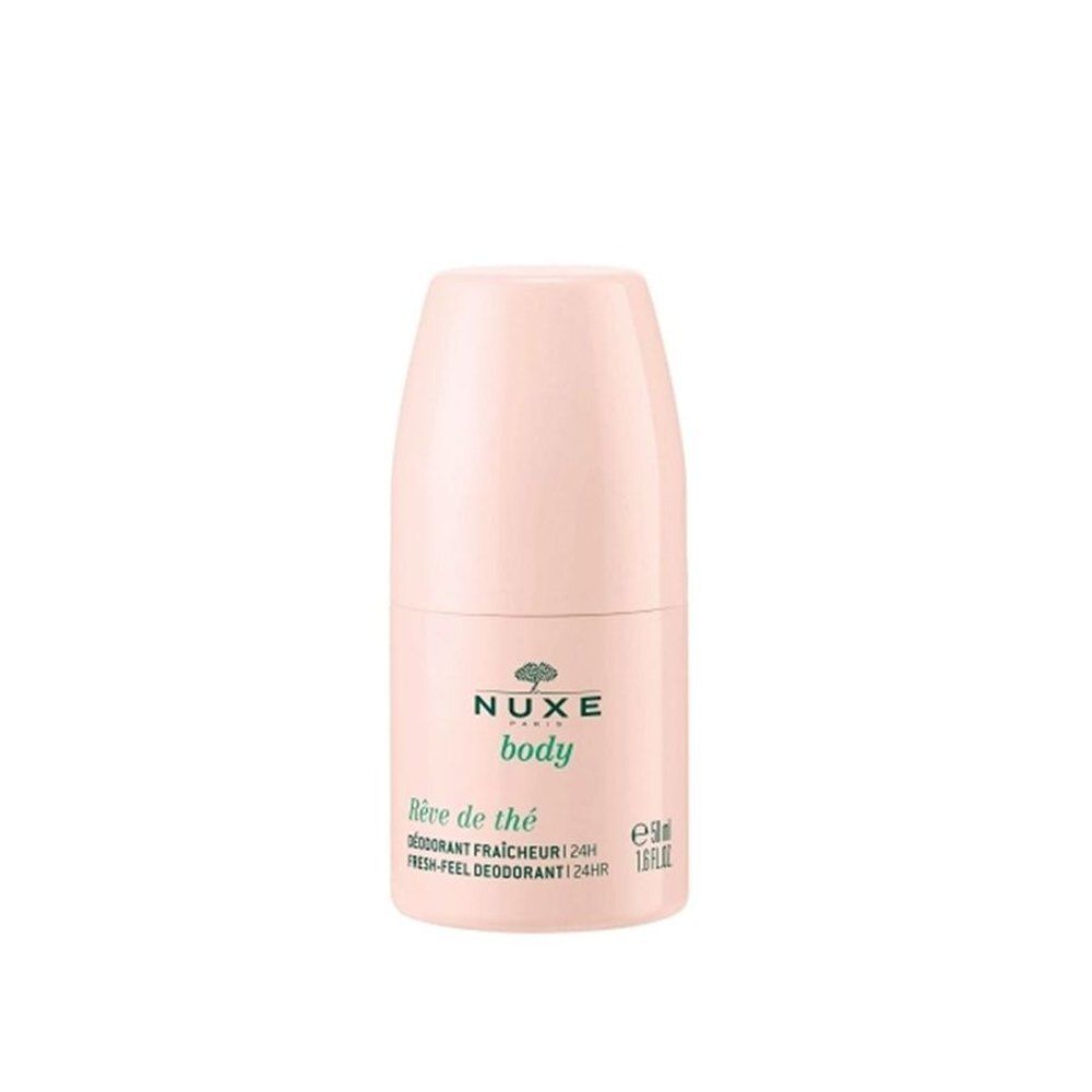 Roll-On déodorant NUXE individuel. Flacon rose avec inscription verte et logo arbre.