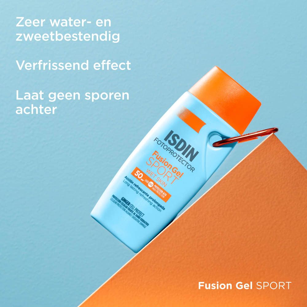 ISDIN FusionGel SPORT. Flacon sur fond orange. Texte: Très résistant à l'eau et à la transpiration.