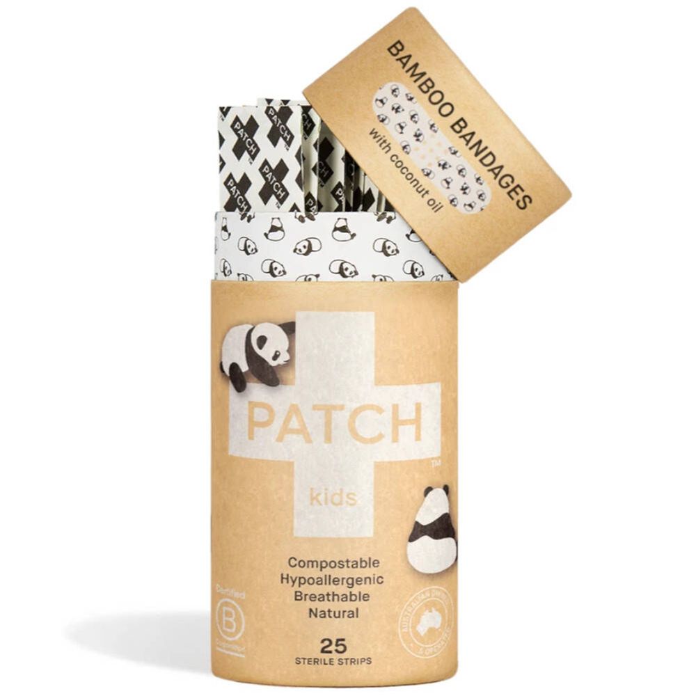 Emballage cylindrique avec panda et logo "PATCH Kids". Pansements en bambou à l'huile de coco. 25 bandes stériles.