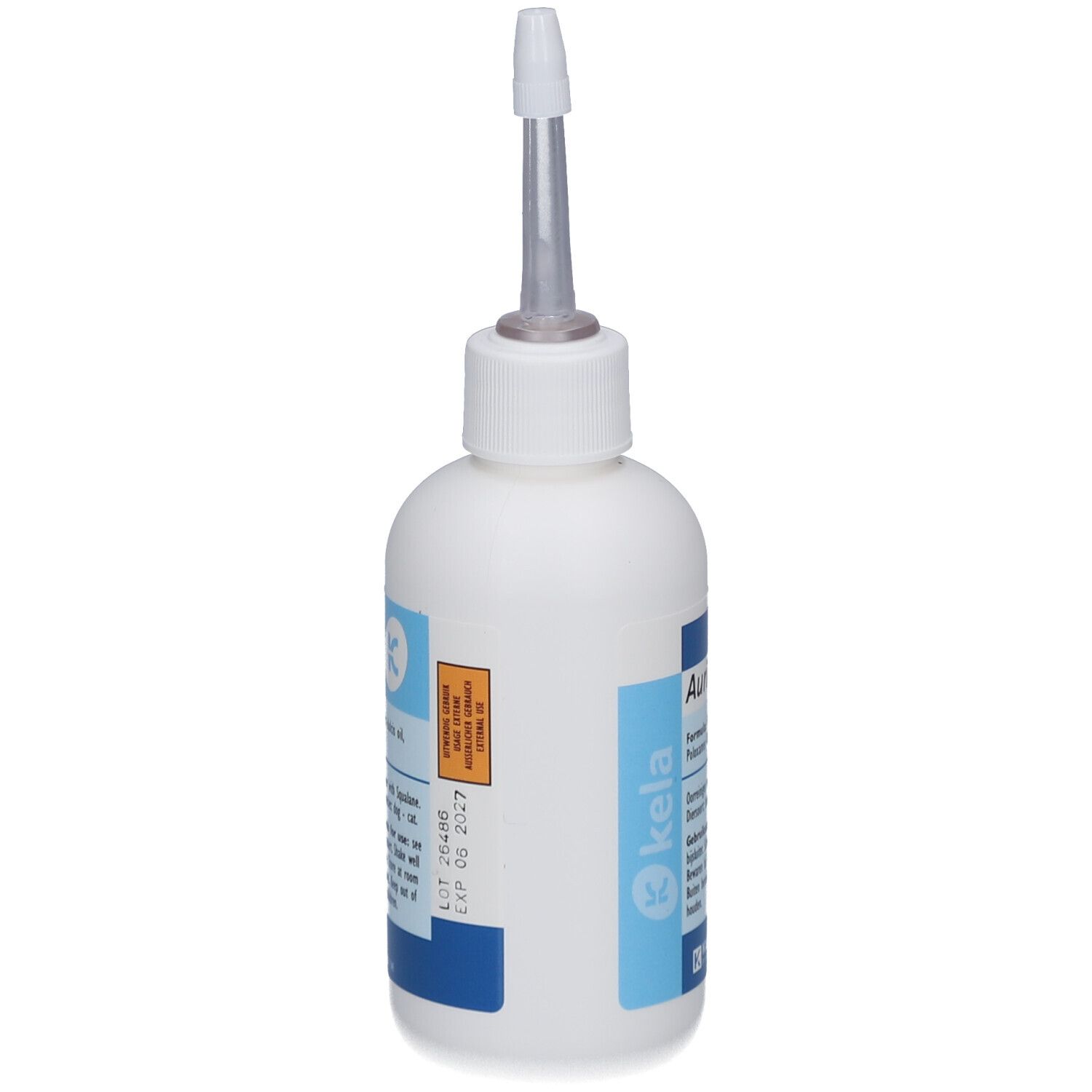 Flacon blanc avec applicateur. Étiquettes bleues avec texte et logo. Kela Auri Cleaner.