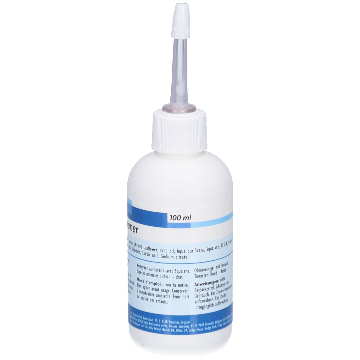 Flacon blanc avec applicateur. Étiquettes bleues avec texte. Kela Auri Cleaner. 100 ml.