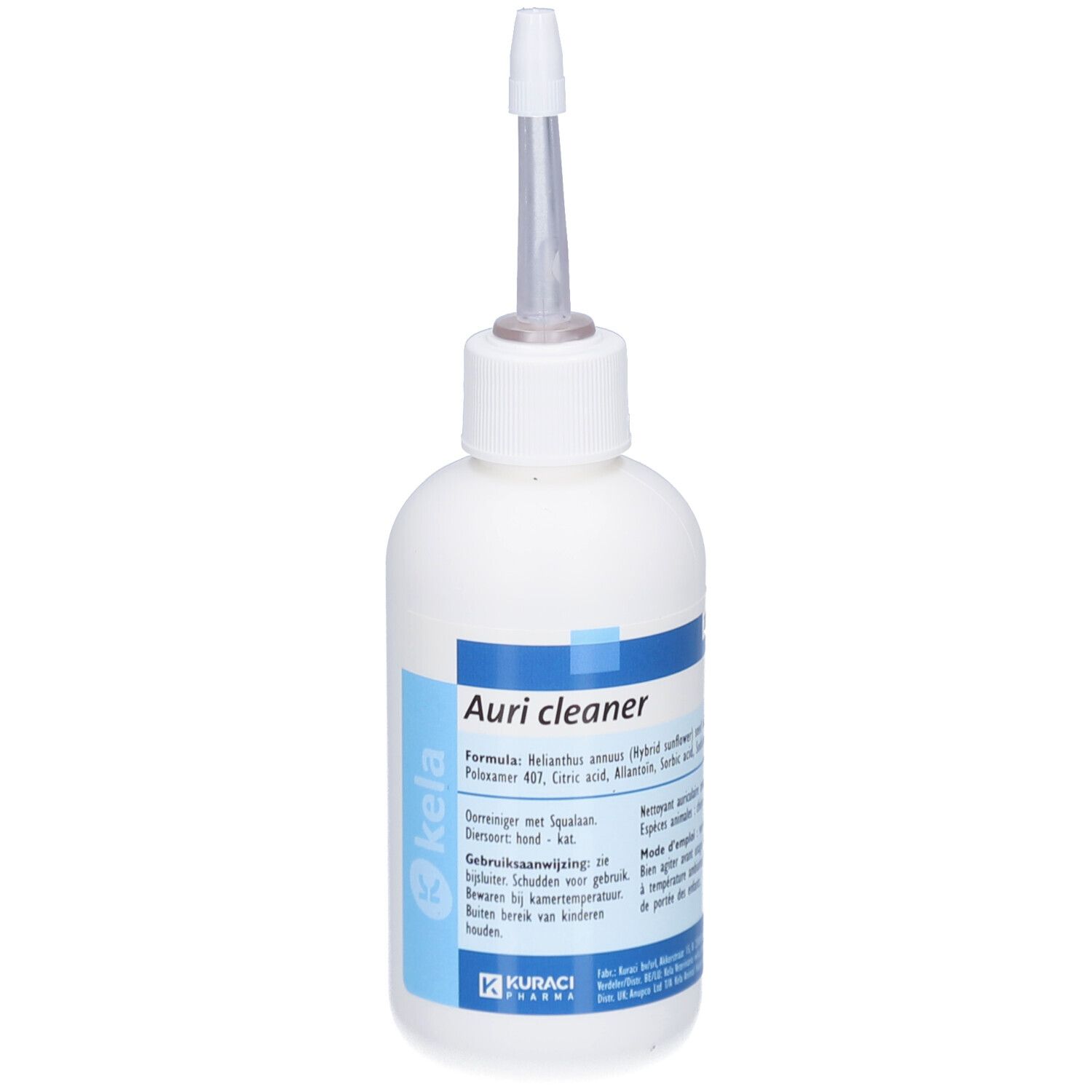 Flacon blanc avec applicateur. Étiquettes bleues avec texte. Kela Auri Cleaner. Kuraci Pharma.