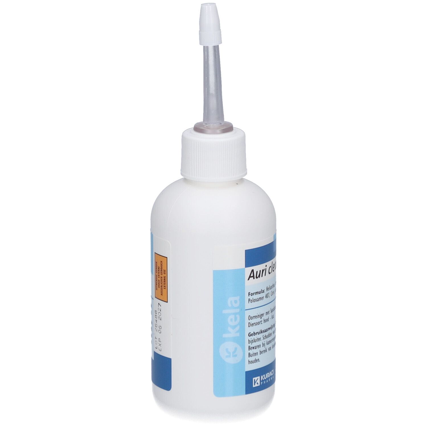 Flacon blanc avec applicateur. Étiquettes bleues avec texte. Kela Auri Cleaner. Kuraci Pharma.